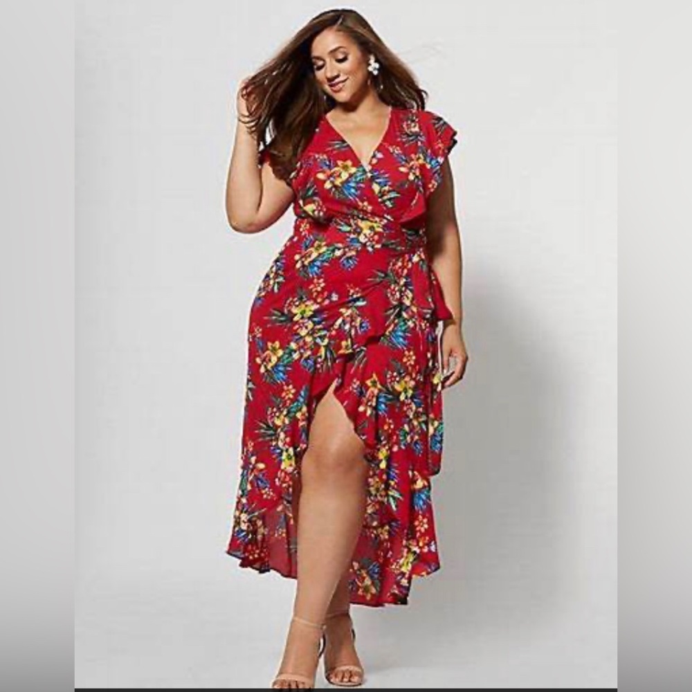 FTF Red Floral Wrap Dress with Tie Waist